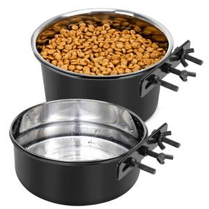 lot 13775 image: Large Dog Crate Water Bowl No Spill, 2 Pack Stainless Steel Dog Bowls for Food and Water, Pet Kennel Hanging Dogs Food Bowls for MediumLarge Dogs and Cats (7.1x3.7 & 6.32.6, Black) - Retail $15