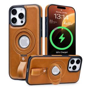 lot 13777 image: Butaiga for iPhone 14 Pro Max Case Leather Strap with Ring Stand, Brown - Retail $25