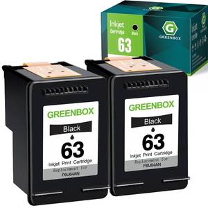 lot 13811 image: GREENBOX 63 Black Ink Cartridges Replacement for HP 63 63 Ink Cartridge Black for OfficeJet 3830 4650 5200 5255 5258 Envy 4510 4512 4520 DeskJet 1112 2130 3630 3632 Printer Ink 63 2 Pack 63 Ink - Retail $50