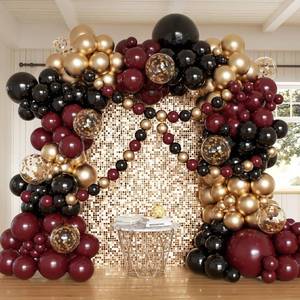 lot 13814 image: Burgundy and Gold Balloon Arch Kit, 162pcs Different Sizes with Burgundy Black Chrome Gold Confetti Balloons for Graduation Ceremony Prom Anniversary Wine Birthday Party Decorations - Retail $15