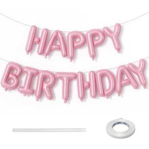 lot 13815 image: Pink Happy Birthday Balloon Banner, 16 Inch Pastel Pearl Baby Pink Self Inflating Happy Birthday Mylar Foil Balloon, Birthday Bunting Banner Letter Balloons for Girls Women Birthday Party Decorations - Retail $10