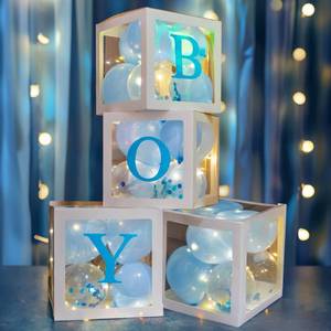 lot 13839 image: Uptotop Baby Shower Decorations Clear Balloon Blocks with Fairy String Lights, 4 Pack Transparent Balloon Boxes Including 30 Letters, 4 Warm White Fairy Lights & 36 Latex Balloons, Blue - Retail $18