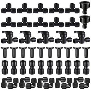 lot 13842 image: 47 Pack Quick Connect 14 Drip Irrigation Fittings Kit, 14 Drip Irrigation Tubing Push-to-Fit Connectors Parts- 5 Shut Off Valve, 10 Tees, 10 Couplings, 10 Elbows,10 End Plugs, 2 Faucet Adapters - Retail $18