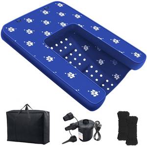 lot 60683 image: Inflatable Dock Platform with Electric Pump, Dog Boat Ramp Floating Non-Slip Oxford and PVC with Water Ramp for Dogs Pool, Dock, Lake with Traction Rope Dark Blue (4.7ft x 3ft x 6in) - Retail $50