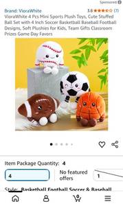lot 5103 image: VioraWhite 4 Pcs Mini Sports Plush Toys 4 Inch Soccer Basketball Baseball Football - Retail $25