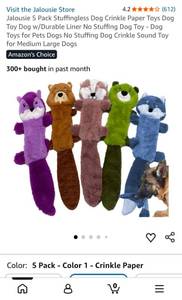 lot 5111 image: Jalousie 5 Pack Stuffingless Dog Crinkle Paper Toys - Retail $23