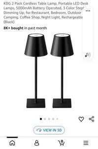 lot 5142 image: KDG 2 Pack Cordless Table Lamp Portable LED Desk Lamps 5000mAh Battery - Retail $35