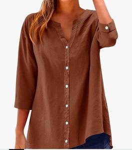 lot 5151 image: Womens Button-Front Tunic Shirt Brown Long Sleeve XS