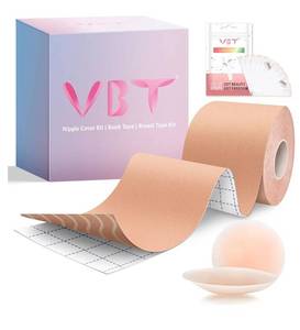 lot 13856 image: VBT Boob Tape - Breast Lift Tape, Body Tape for Breast Lift w 2 Pcs Silicone Breast Reusable Adhesive Bra, Bob Tape for Large Breasts A-G Cup, Nude - Retail $20