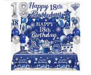 lot 13877 image: 18th Birthday Decorations for Boys, All-in-one Happy 18 Year Old Birthday Party Supplies Includes Banner, Cake Toppers, Backdrop, Disposable Tableware Set and Tablecloth Serve 25 Guests - Retail $20