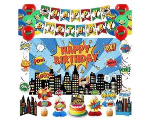 lot 13908 image: Crenics Hero Birthday Decorations - City Hero Theme Backdrop, Banner, Swirls, Honeycomb and Balloons for Birthday Party Supplies - Retail $22