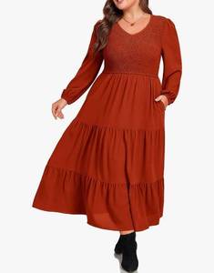 lot 15396 image: Womens Long Sleeve V-Neck Tiered Midi Dress Orange Small