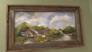 lot 915 image: Oil painting in rustic wood frame 16.5x28 signed Judy Bell located in basement