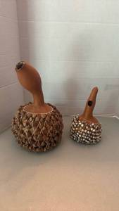 lot 1015 image: Gourd Shaker Rattles with Netted Beads and Seeds Set of 2