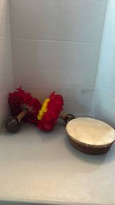 lot 1026 image: Hand Drum Made in Sri Lanka and Hawaiian Uli Uli hula rattles