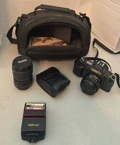 Canon T70 SLR Camera Kit with Vivitar Lens, Canon Flash, and Accessories