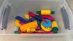 lot 1102 image: Childrens Play Dough Tool Set with Rolling Pins Cutters and Scrapersin Sterilite container