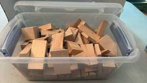 lot 1116 image: Wooden Building Blocks Set in Clear Plastic Storage Container