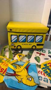 lot 1133 image: School bus collapsable storage, classroom posters and Dr Seuss reusable bags