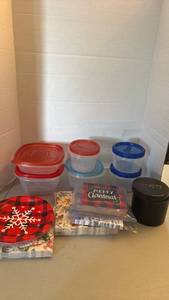 lot 1217 image: Grease container, Food Storage Containers, and paper napkins and small plates