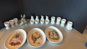 lot 1232 image: Easter Tableware Set 3 Plates, 11 Egg Cups, Bunny Figurine