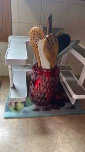 lot 1233 image: Kitchen Utensil Holder with Utensils and spice storage and glass cutting board