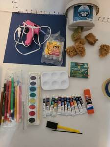 lot 1412 image: Art Supplies Lot Pink Craft Tool, Paints, Brushes, Crayons, Palette, Tub