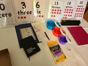 lot 1414 image: 3-hole punch, pens, notepads, numbers counting sheets