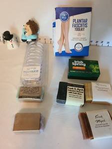 lot 1423 image: Plantar Fasciitis Tool Kit, NIB, novelty hand sanitizer holders, soaps, shower rings,
