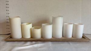 lot 1525 image: 7 Faux Pillar Candles Assorted Sizes with Wood Tray