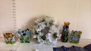lot 1527 image: Decorative Faux Flower Wreath, Candle Holders, Tissue Paper, and Wrapping Paper