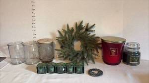lot 1529 image: Candles, Holiday Style and Yankee Candles, Wreath, and Illuma Lid