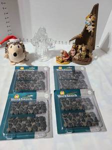 lot 3012 image: Nativity scene, glass Santa candle holder, Santas Workbench stone pieces