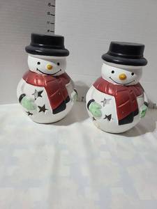 lot 3017 image: 2 ceramic snowmen candleholders, 10in tall
