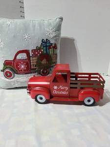 lot 3018 image: Red Metal Pickup Truck Christmas Decoration and Pillow