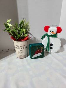 lot 3034 image: Holiday Decor Lot Mistletoe Planter Snowman Figure, Ornament Box, Snowman Brick
