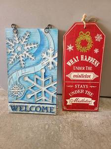 lot 3037 image: Hanging wall and door decor signs, both 20in tall