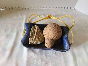 lot 3063 image: Blue Glazed Ceramic Tray with Yellow Cord Handle and Two Natural Stones