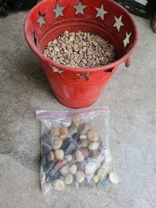 lot 3081 image: Red metal bucket with stones