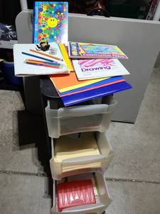 lot 3109 image: 3 drawer Sterilite storage bin and contents