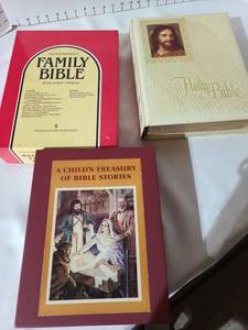 lot 3225 image: Books, A Childs Treasury of Bible Stories and large family bibles.