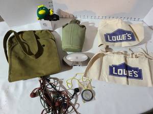lot 3234 image: Mixed Outdoor Lot, Compass, Canteen, Lowes tool aprons, Paracord, Fish Figure Head Lamp