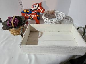 lot 3244 image: Wooden Storage Tray with Handles, baskets, Swedish horse decor