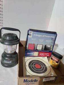 lot 3246 image: Crosman Pellet Trap, BBs, targets, battery operated Coleman lantern