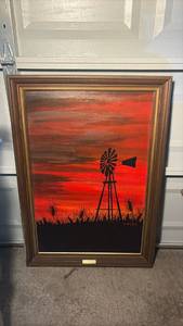 lot 3340 image: Donald L. Gray Windmill Sunset Oil Painting Framed 41x28.5