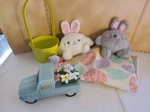 lot 3349 image: Easter bunnies, tin truck with flowers, vinyl table cloth, metal bucket.