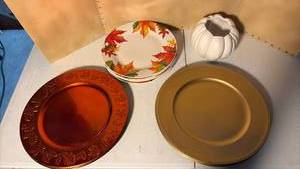 lot 3368 image: Mixed Decorative Plates - Red Embossed, Gold Beaded, Autumn Leaf
