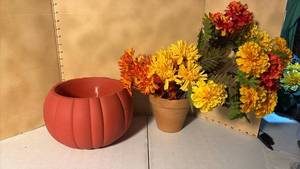 lot 3371 image: Pumpkin With Flower Pot and Artificial Flowers