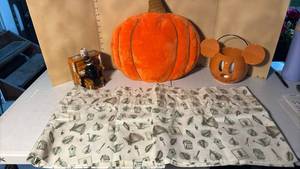 lot 3373 image: Halloween Decorations, Pumpkin Pillow, & Kitchen Window Curtains