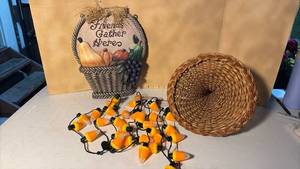 lot 3376 image: Candy Corn Light Necklaces, Basket Wall Plaque, Woven Basket